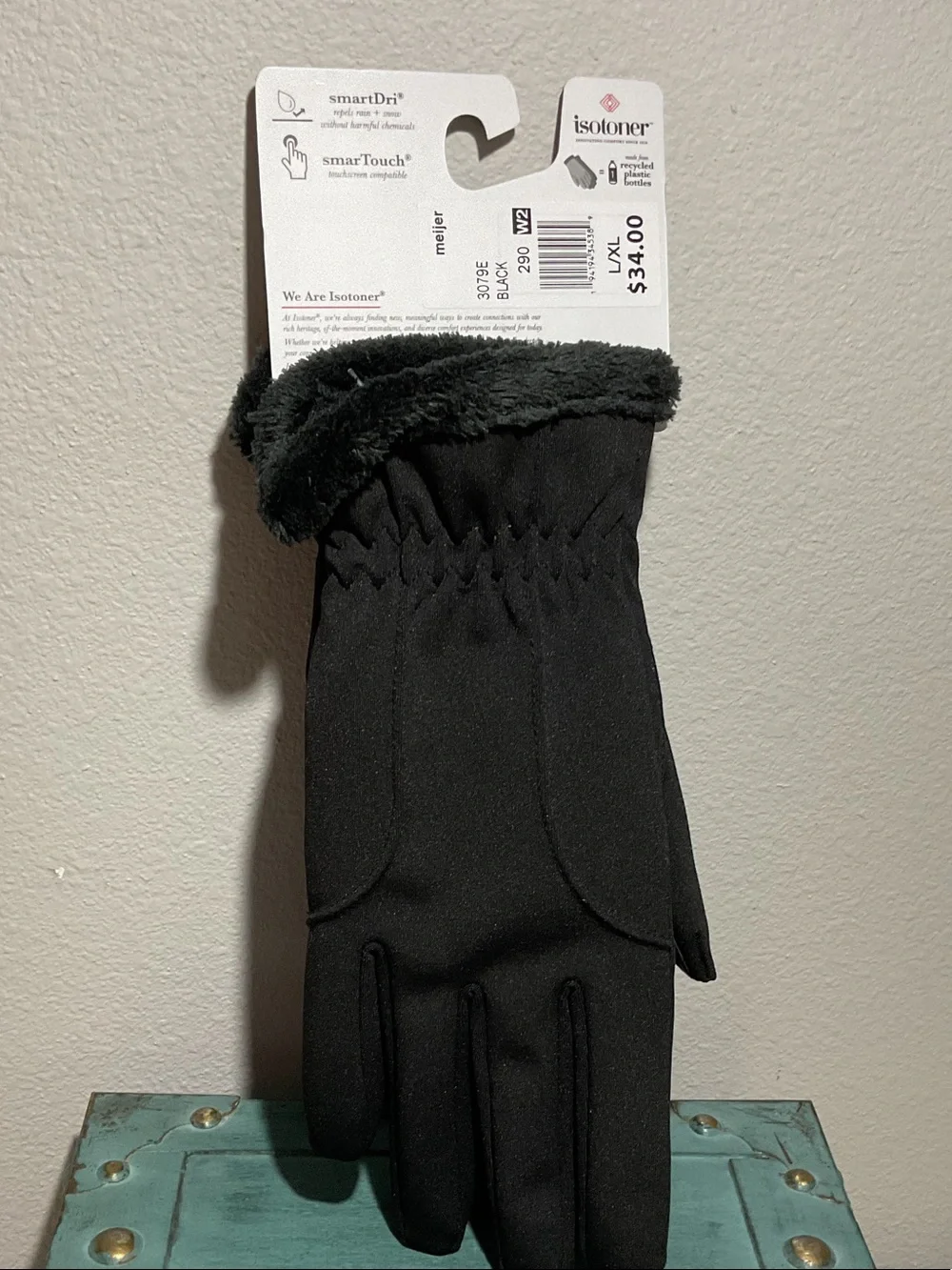 isotoner Women's Black SmartDri Faux-Fur Cuff Touchscreen Gloves